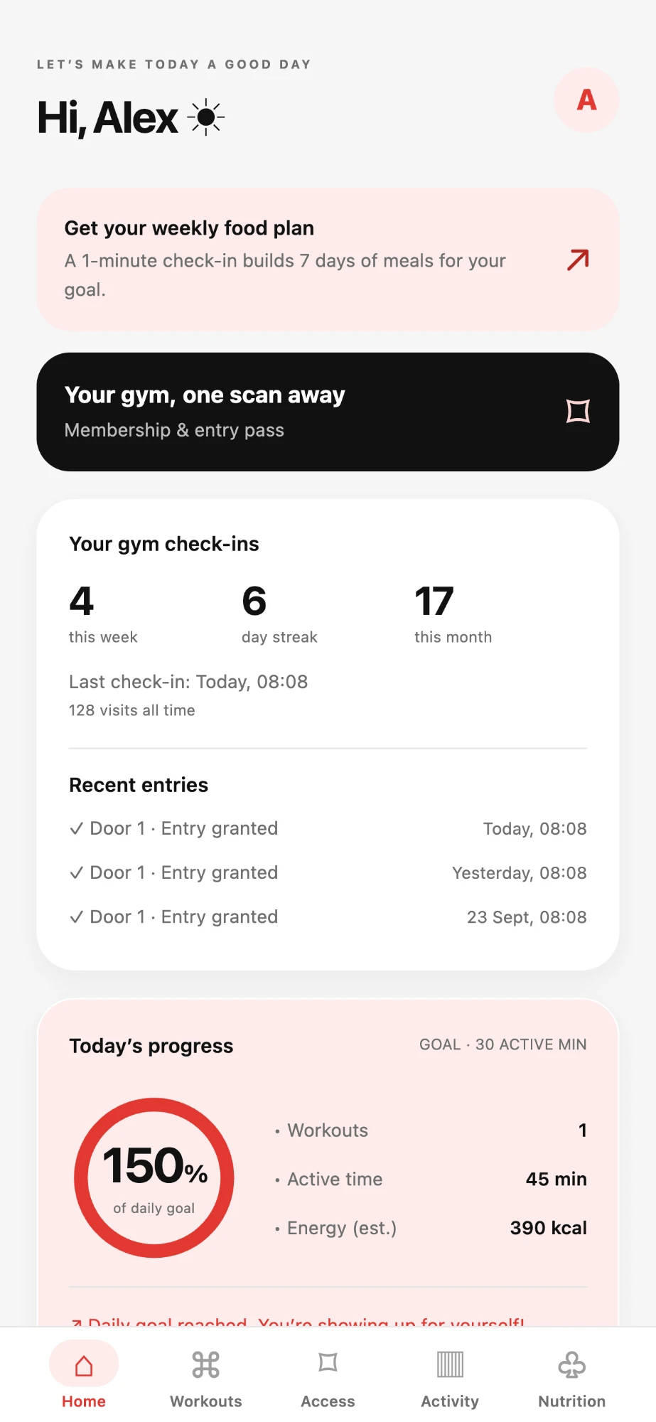 App home screen showing gym check-ins and the membership and entry pass card