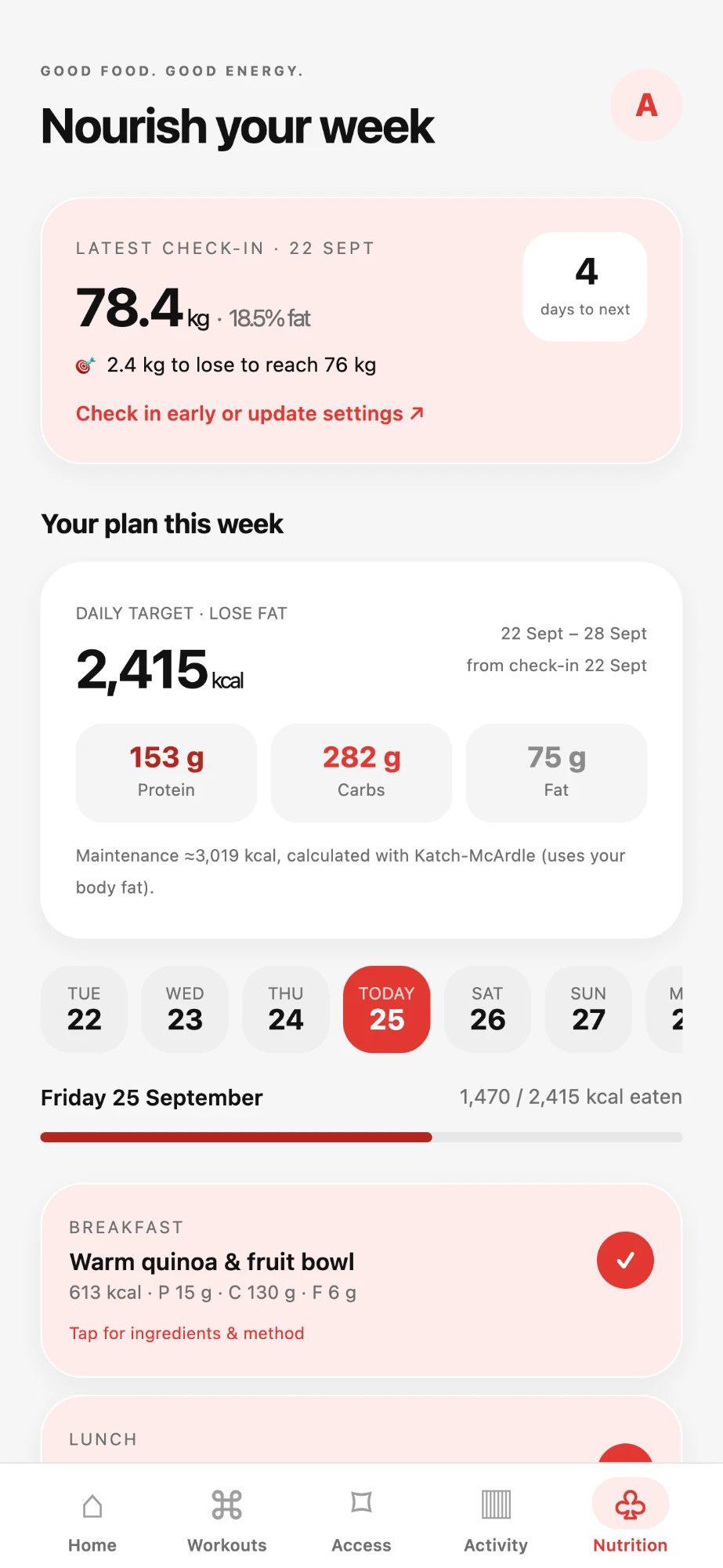 Nutrition screen with the latest check-in, daily calorie target and meal plan