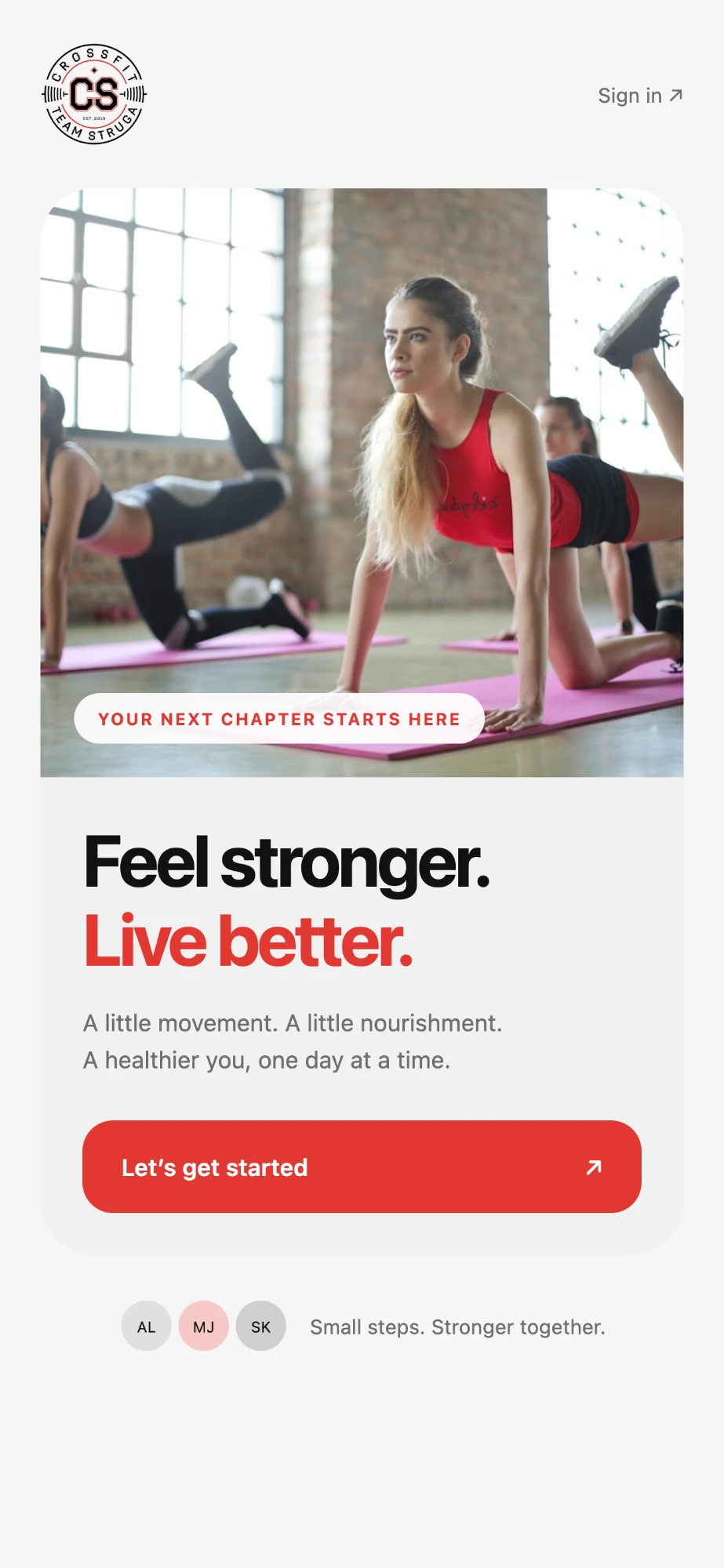 PrimeFitness app welcome screen with a Let’s get started button