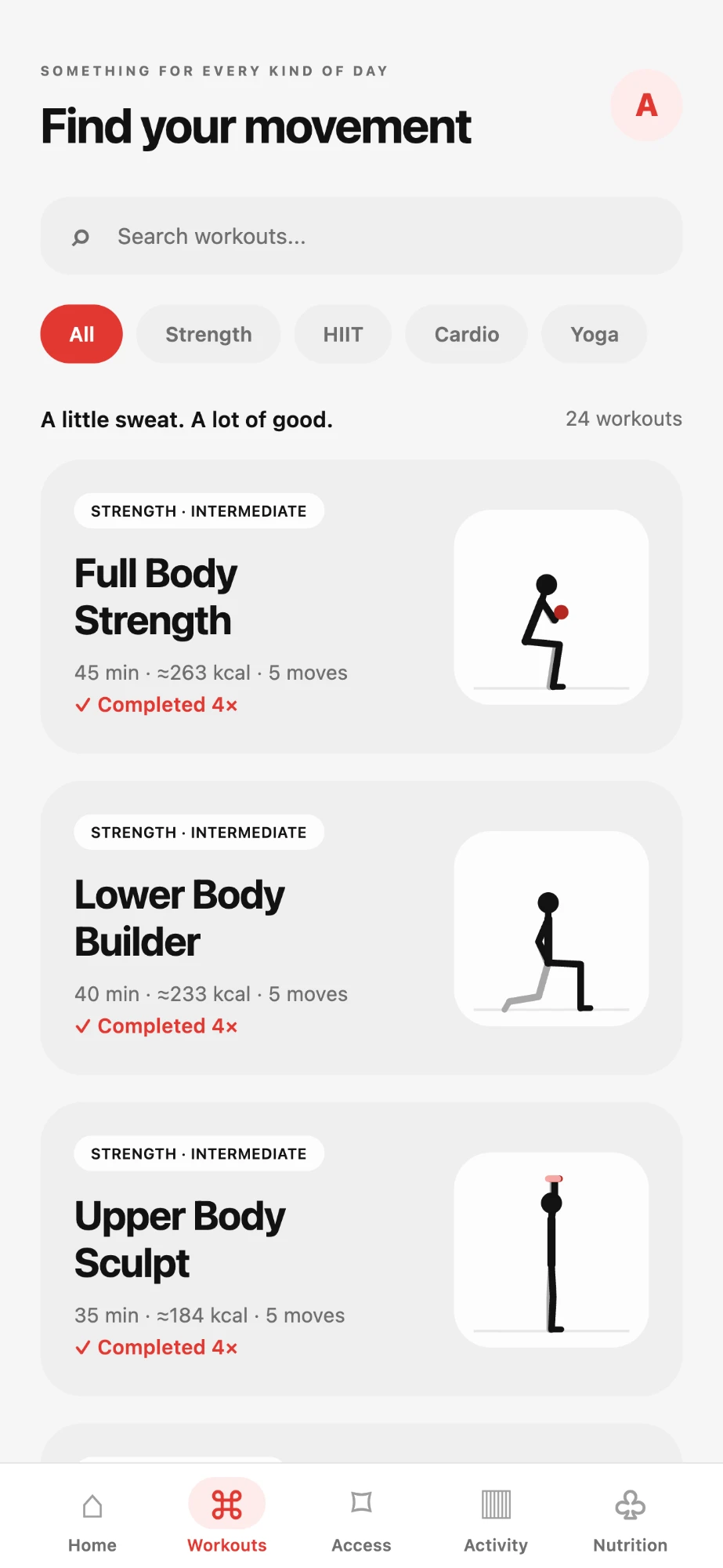 Workouts screen with strength, HIIT, cardio and yoga workouts